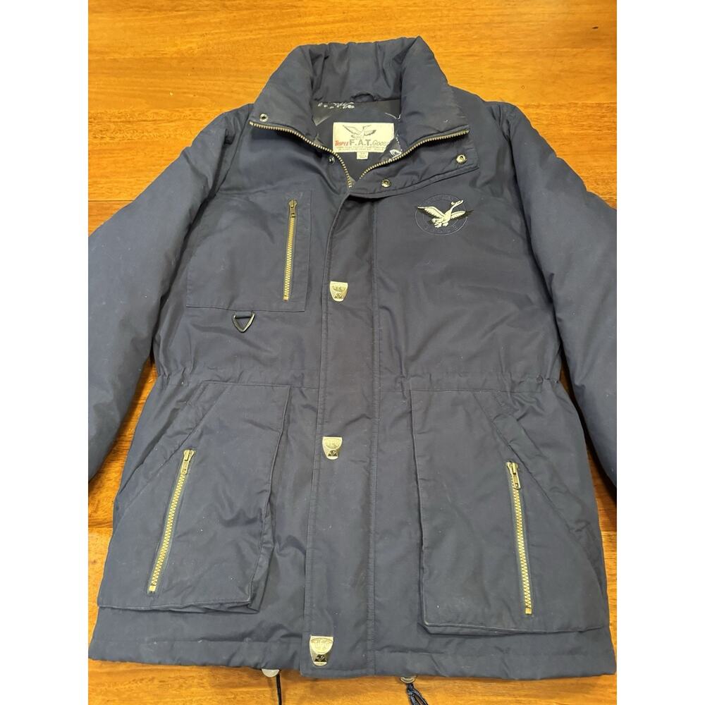 Small Triple FAT Goose Down Filled Vintage Coat Blue Missing Hood F.A.T. - Picture 13 of 14